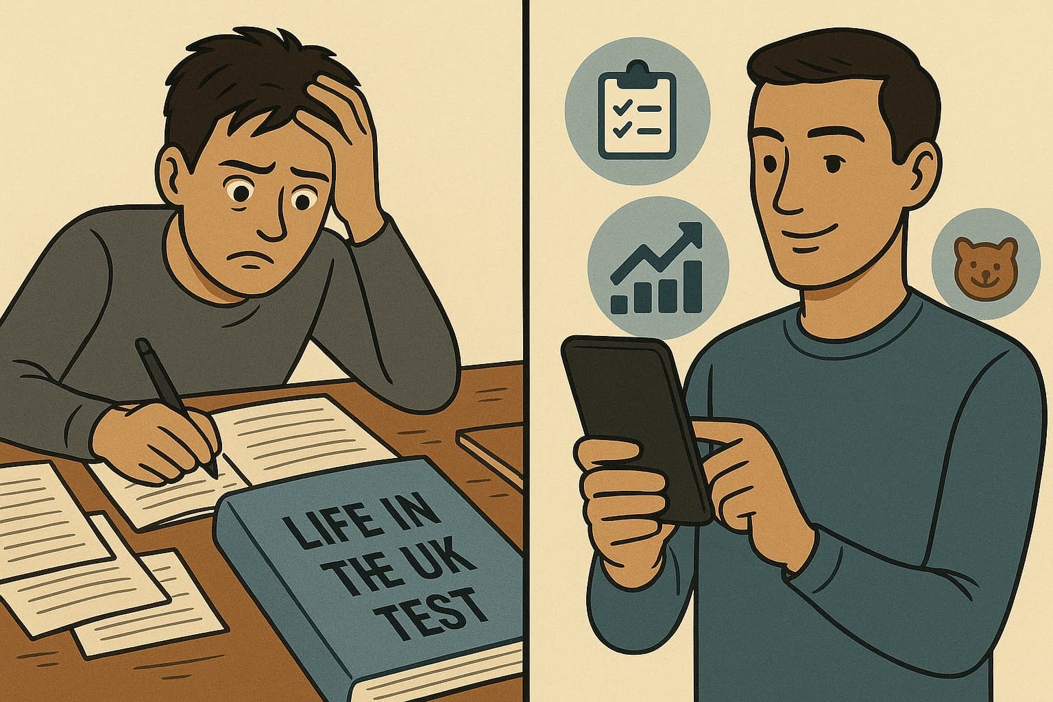 Comparison showing traditional stressful test preparation versus calm, efficient study using the Life in the UK Test App with its helpful features.