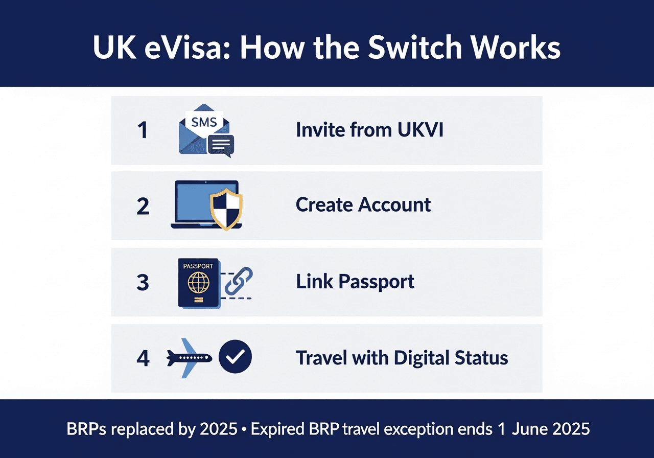 Infographic showing UK eVisa replacing BRPs by 2025 with key steps: receive invite, create UKVI account, link passport, travel with digital status