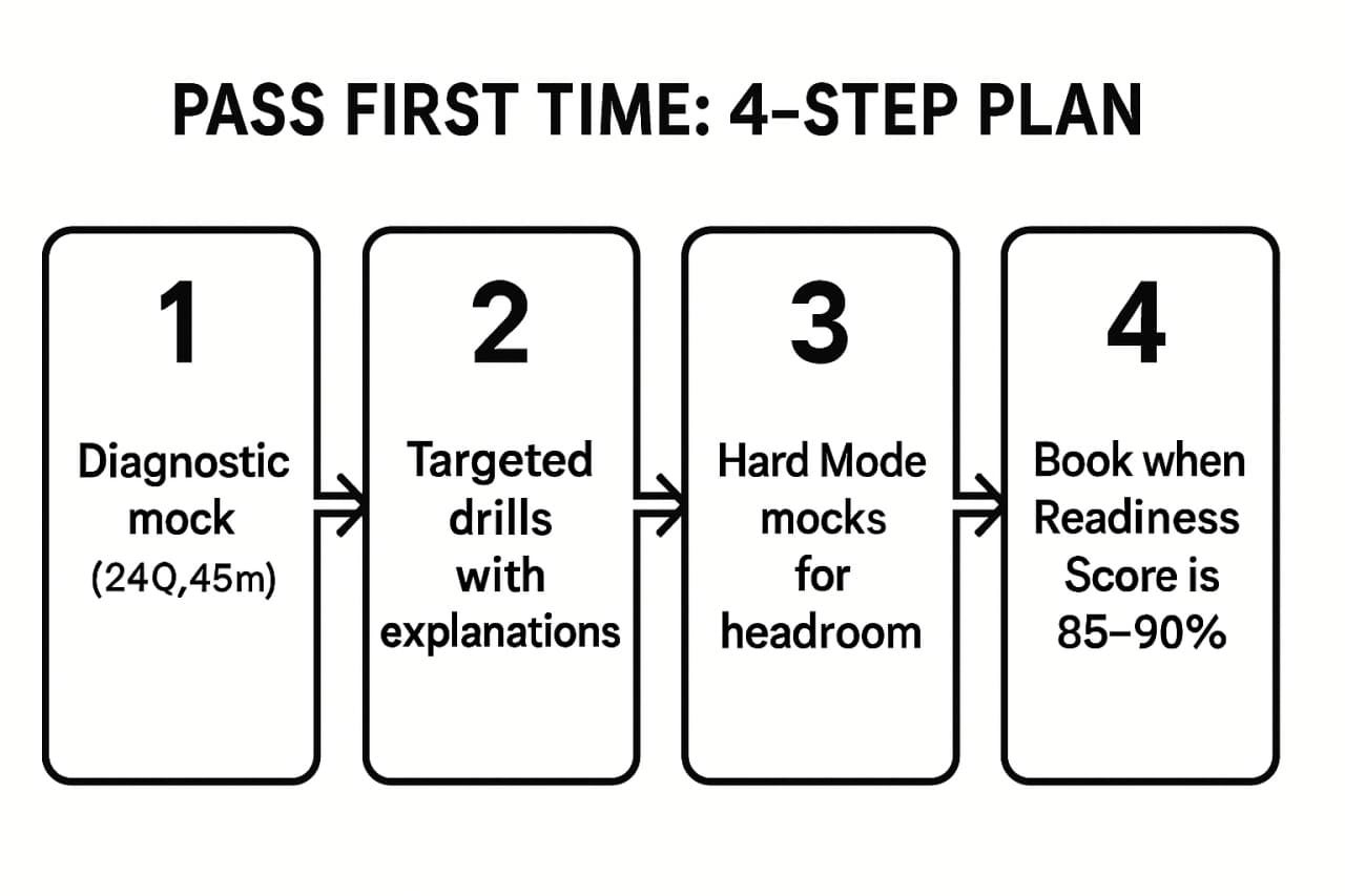Step-by-step plan visual showing a 4-step path to pass the Life in the UK Test using diagnostic, targeted drills, hard mode, and readiness score