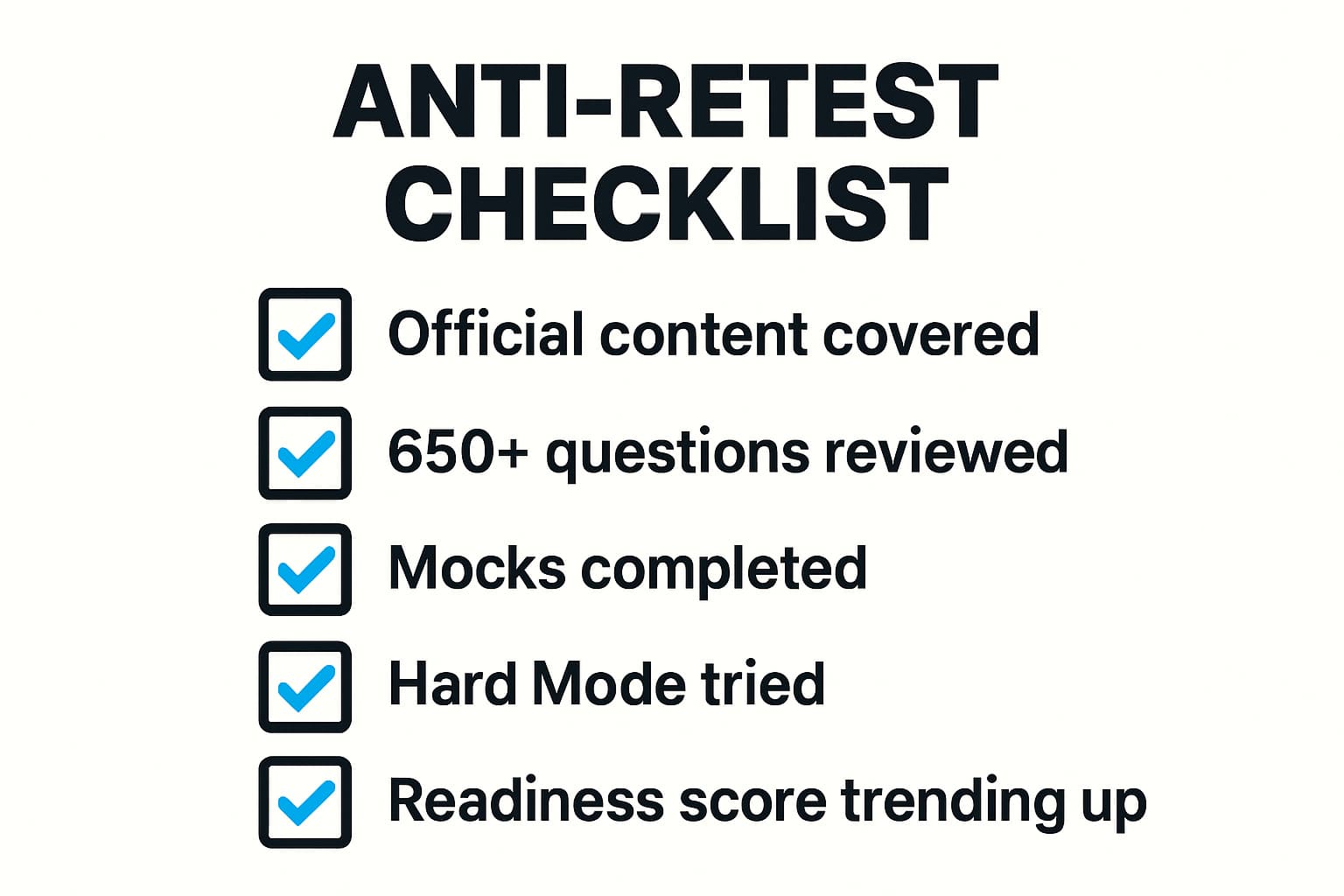 Anti-retest checklist infographic with five ticks: official content covered, 650+ questions reviewed, mocks completed, Hard Mode tried, readiness score trending up