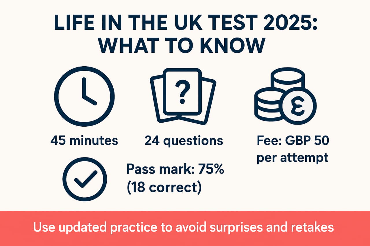 Infographic explaining 2025 Life in the UK test facts and why updated practice matters, showing 24 questions, 45 minutes, 75 percent pass mark, and reasons to use current question banks