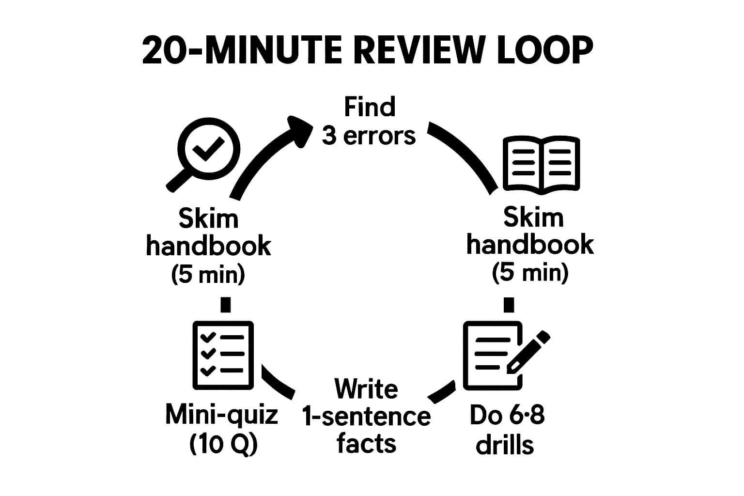 Process infographic showing a 20-minute review loop with five steps to fix weak areas fast