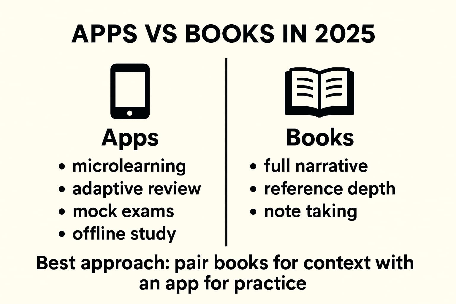 Infographic comparing apps vs books for Life in the UK preparation with pros and ideal use cases