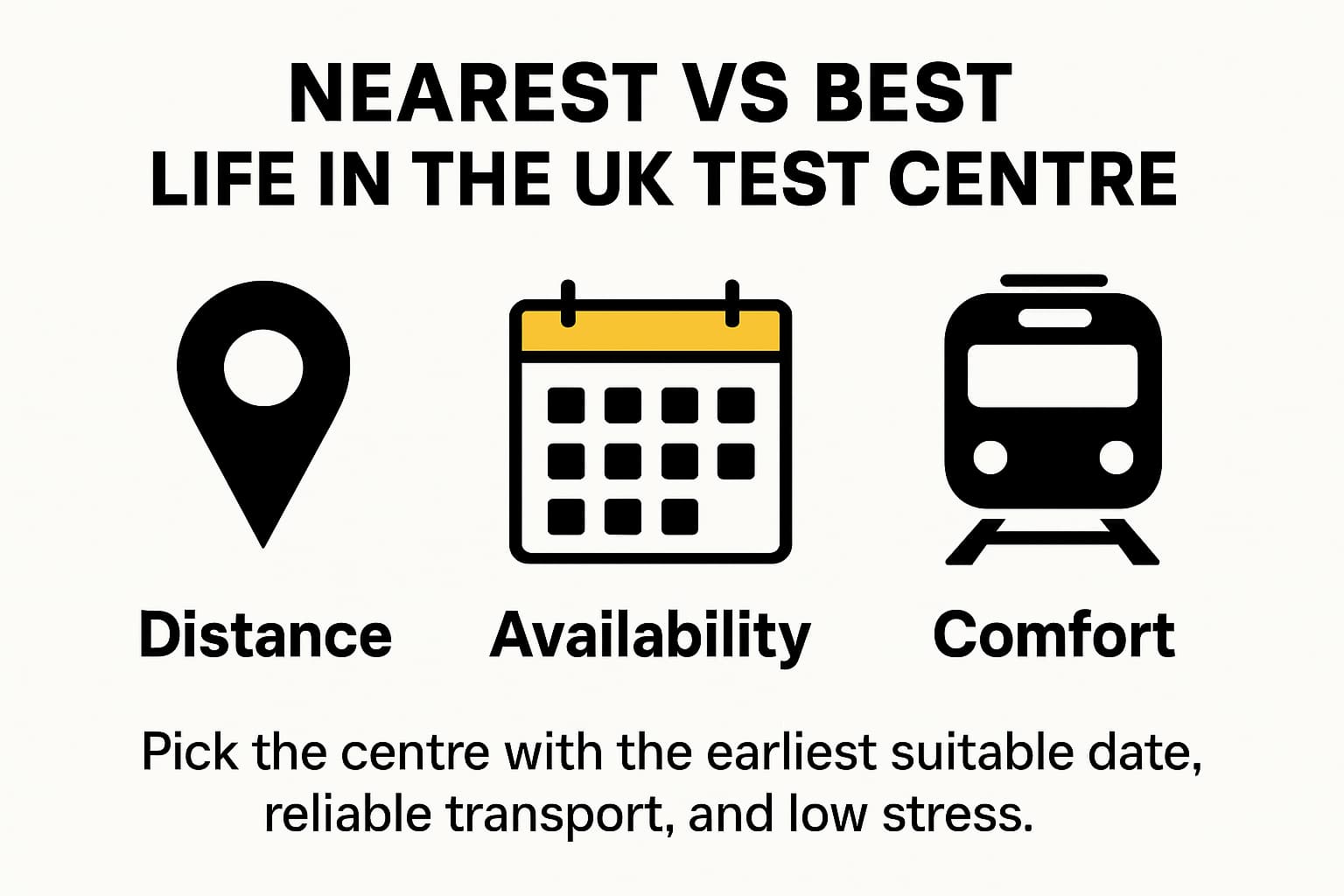 Infographic comparing nearest vs best Life in the UK test centre by distance, availability, and comfort to help choose wisely