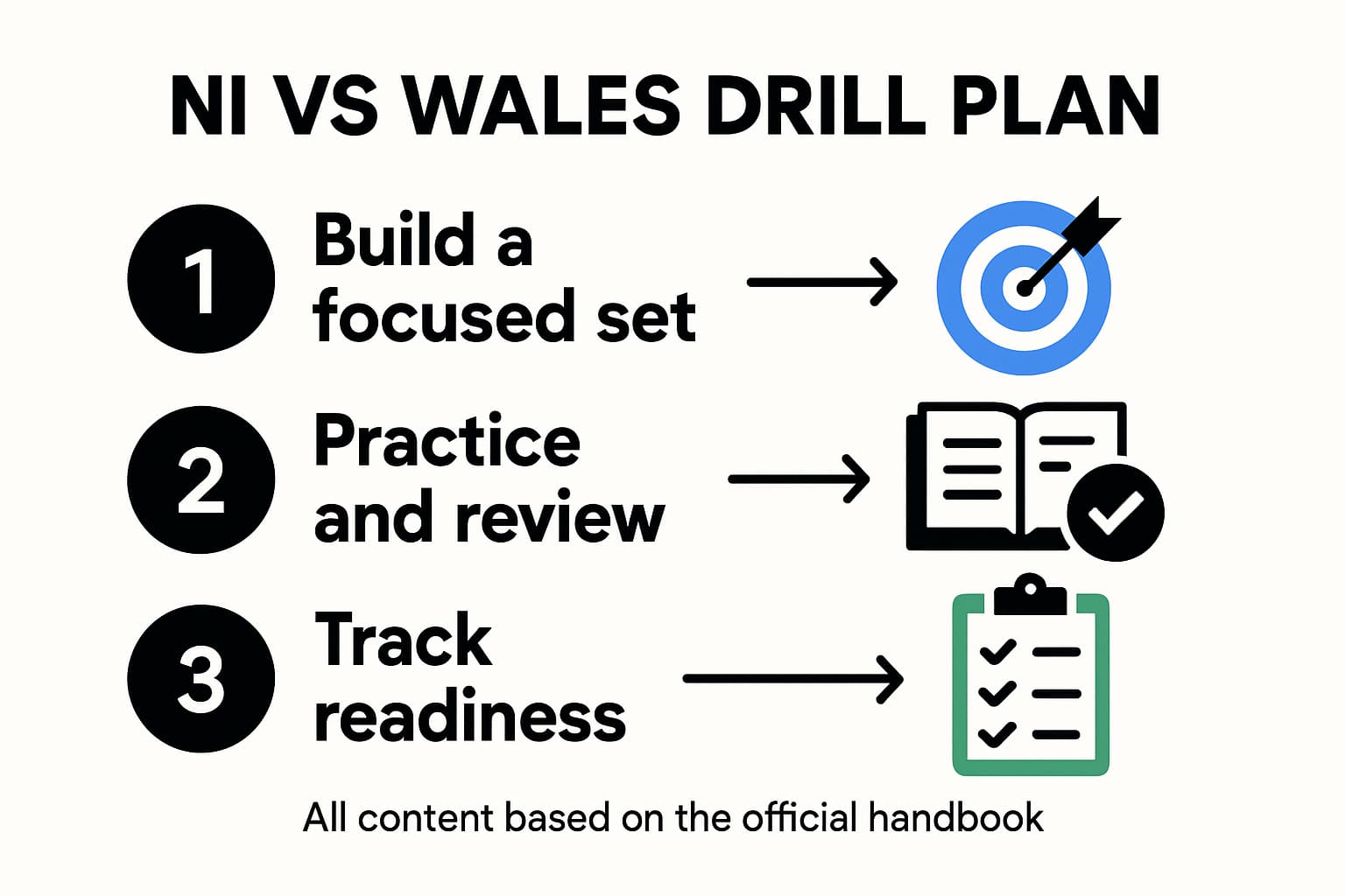 Three-step drill plan infographic for mastering NI vs Wales using the Life in the UK Test App