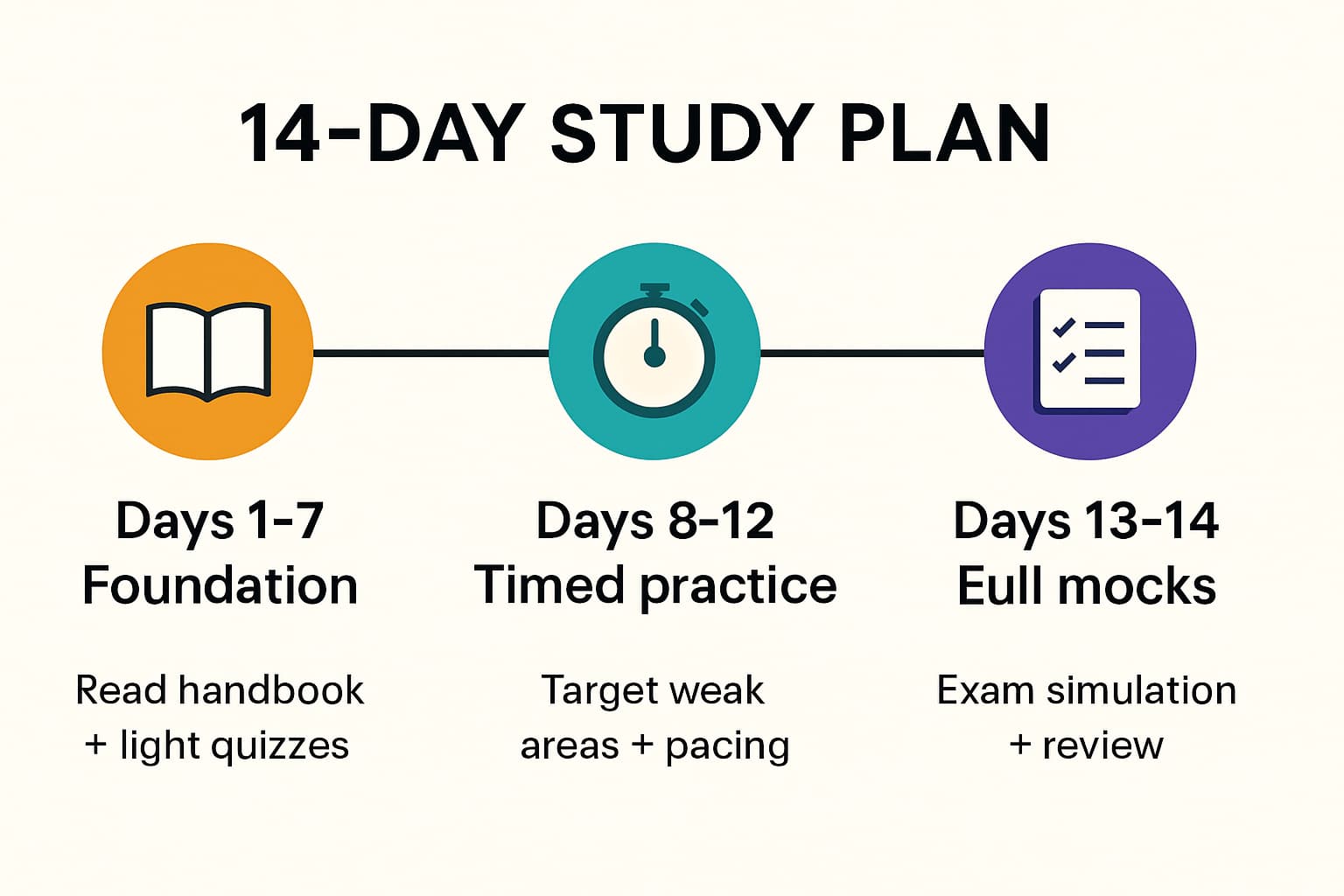 Infographic 14 day study plan timeline for Life in the UK Test with focus areas and practice intensity