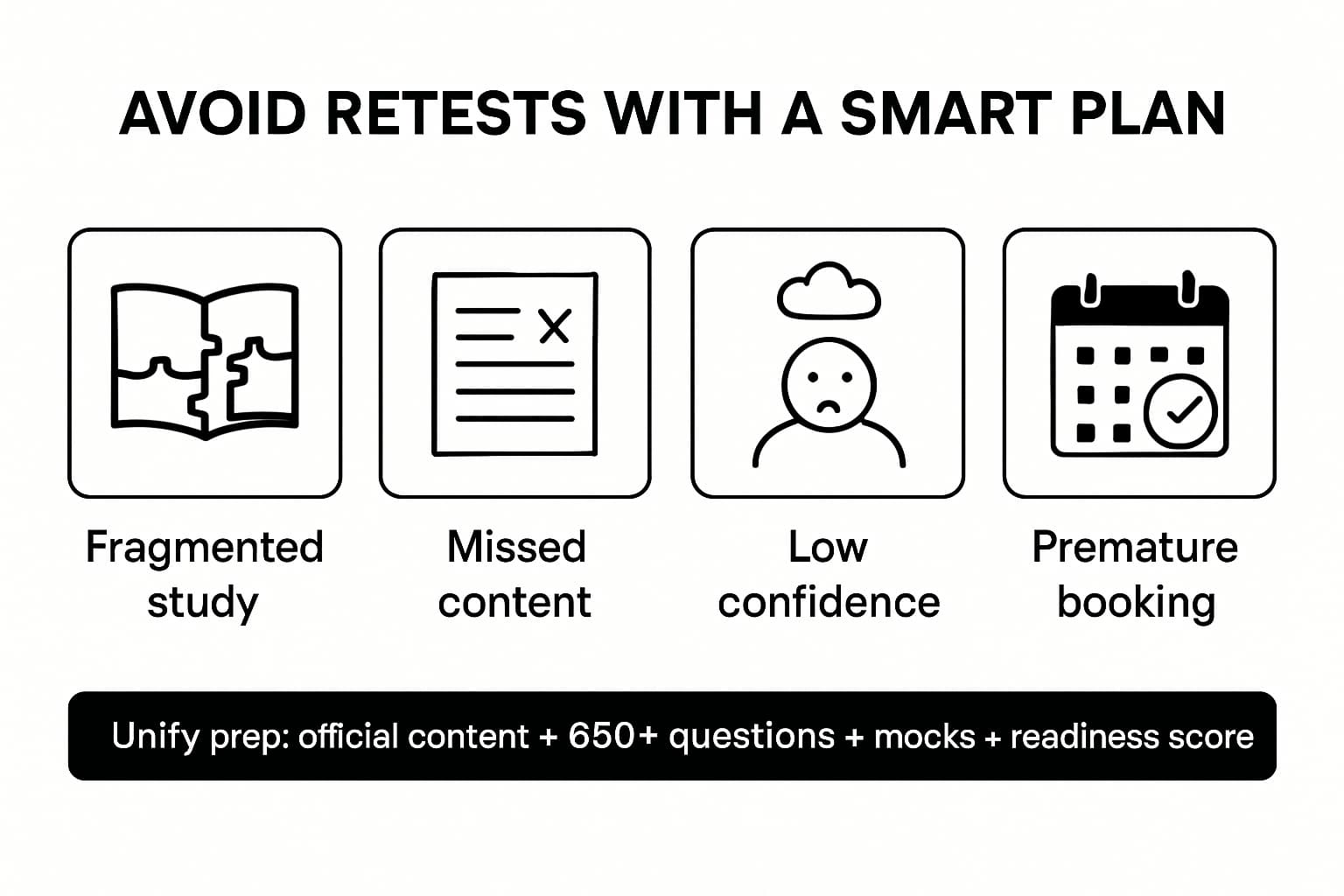 Infographic showing why retests happen and how a smart plan avoids them: fragmented study, missed content, low confidence, and premature booking