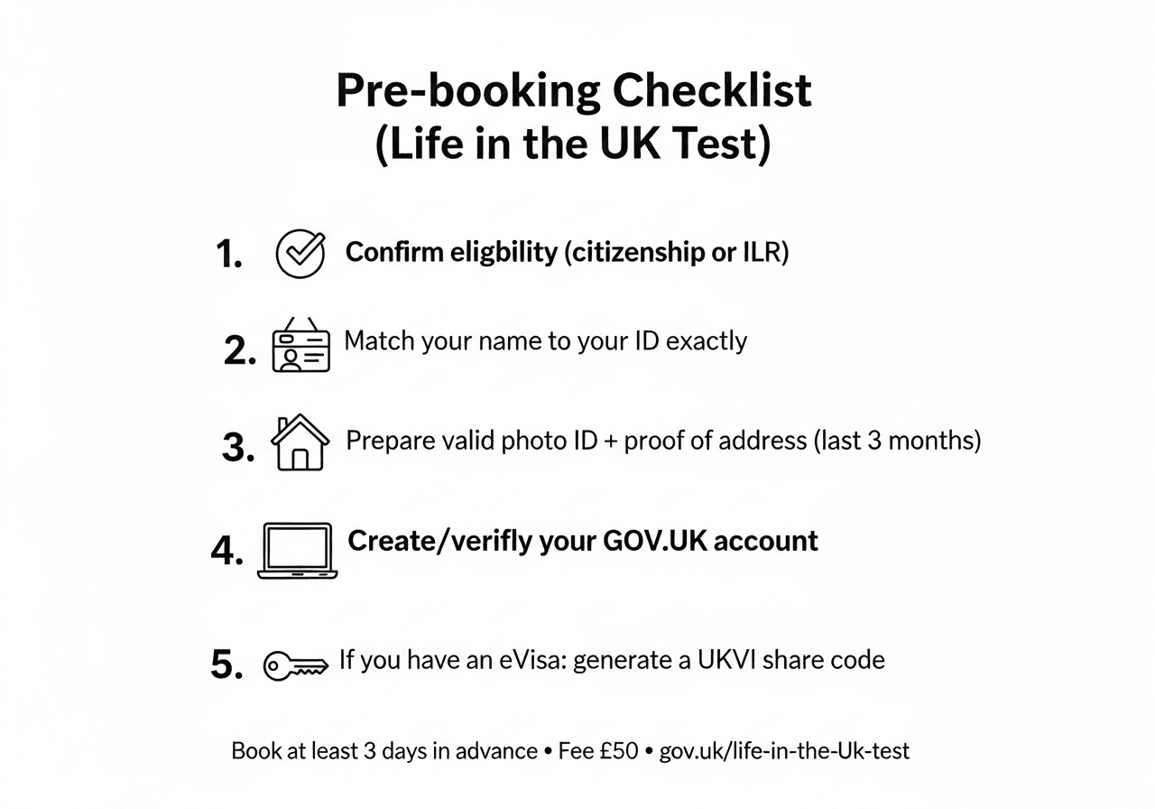 Infographic showing pre-booking checklist for Life in the UK Test: eligibility, ID, proof of address, GOV.UK account, eVisa share code
